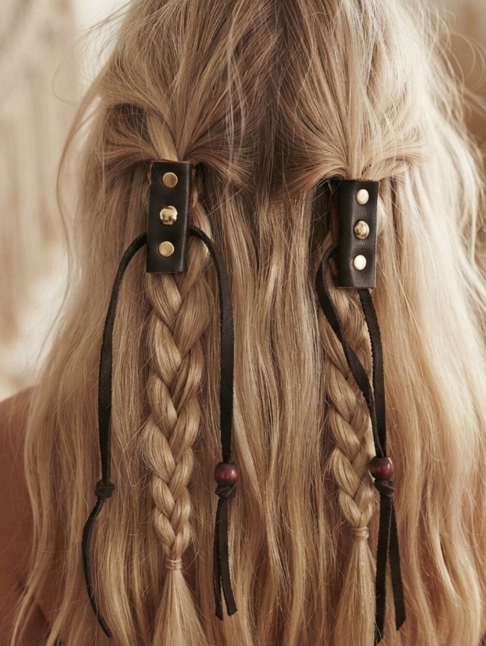 Handmade Indigenous-Style Leather Hair Wraps with Wood Beads – Unused
